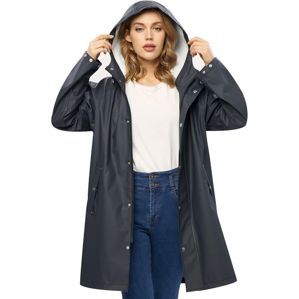 Women Upgrade Black Long Hooded Waterproof Rain Windbreaker Trench Coat Outdoor
